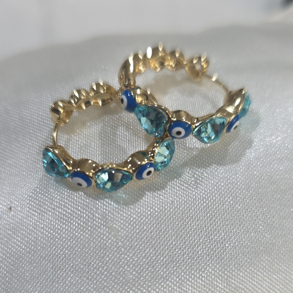 14k Gold Plated Blue Crystal Evil Eye Hoop Earrings